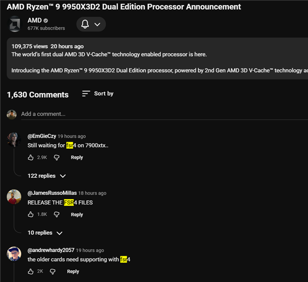 AMD 9950X3D2官宣变吐槽大会:评论区近1/3在要老显卡的FSR 4!