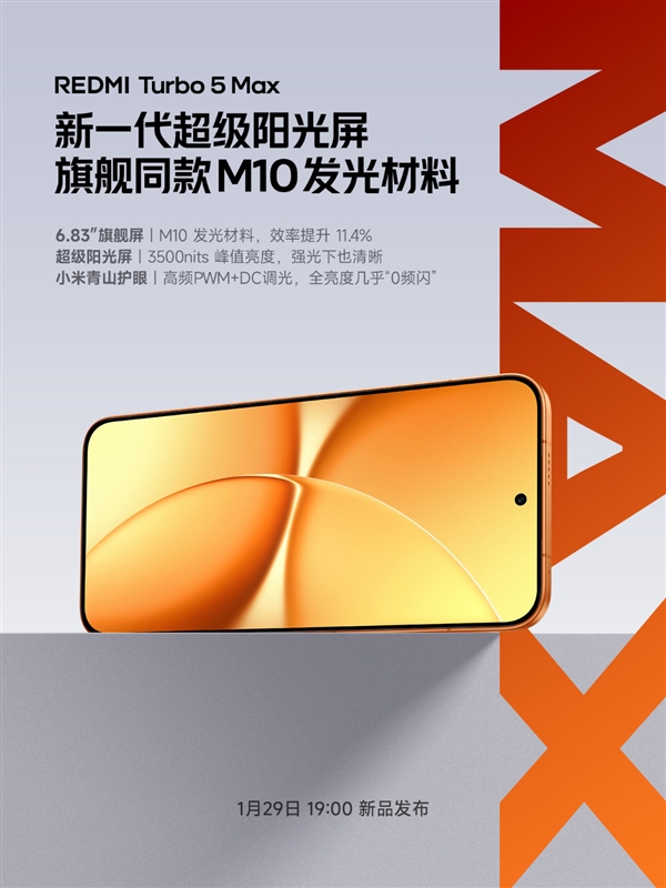 REDMI Turbo 5 Max搭载新一代超级阳光屏:6.83英寸、3500nits亮度